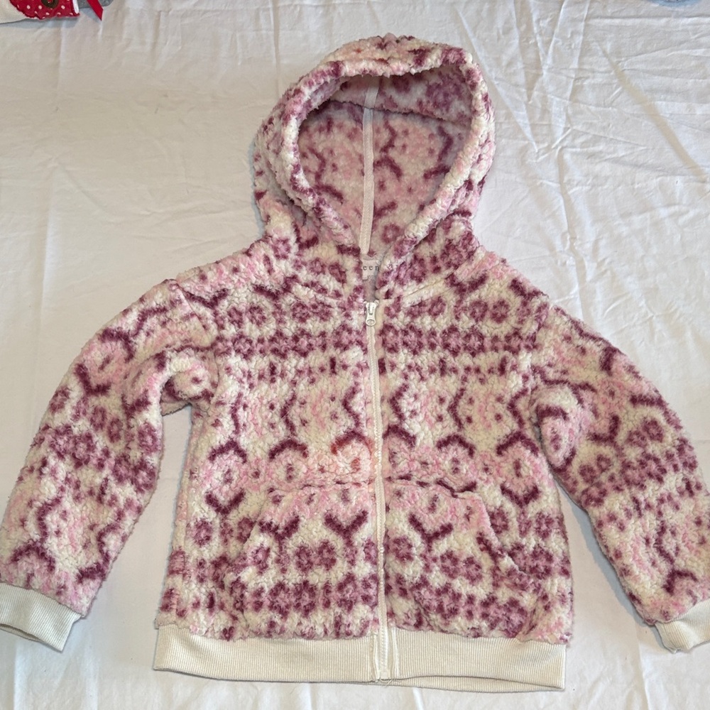 Kids Plush Hooded Zip-Up Hoodie in Pink and Cream